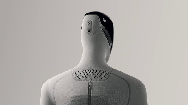 Video Reference: robot, humanoid, futuristic, rear view, close-up, technology, mechanical, gray, black, textured surface, industrial design, android, minimal background