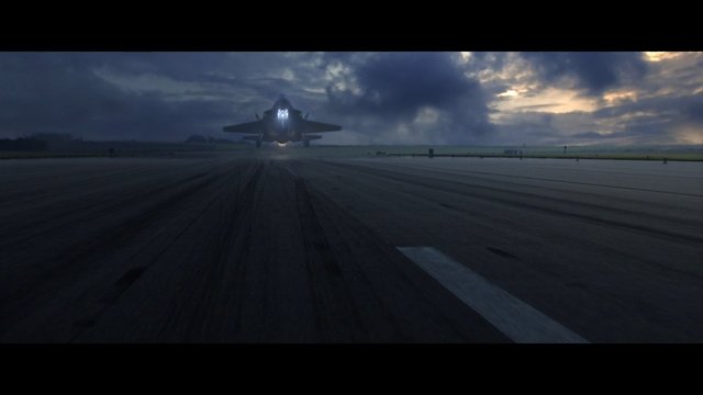Video Reference: jet, military aircraft, runway, takeoff, dusk, cloudy sky, airfield, motion blur, aviation, dramatic lighting, aircraft