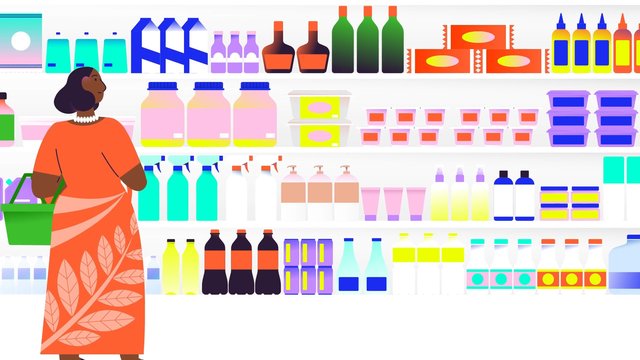 Video Reference: grocery store, store aisle, shopping, woman, shelves, bottles, containers, packaging, retail, supermarket, illustration, colorful, consumer goods, aisle, cart, drugstore
