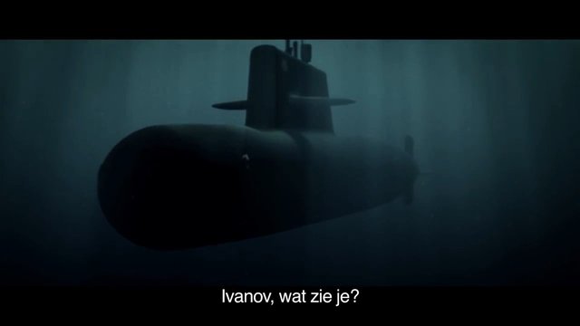 Video Reference: submarine, underwater, naval, military, ocean, dark, haze, silhouette, vehicle, transport, submerged, subtitles, cinematic, lowlight