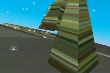 Video Reference: video game, 3d graphics, blocky structure, tower, slope, blue sky, sparkles, abstract, low resolution, outdoor, digital scene, polygonal, fantasy, environment