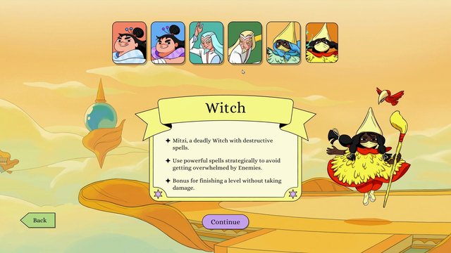 Video Reference: cartoon, game UI, character selection, witch, fantasy, menu screen, illustration, colorful, mobile game, interface, title screen, character icons