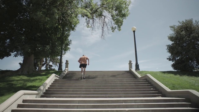 Video Reference: Sky, Plant, Cloud, Stairs, Tree, Road surface, Street light, Grass, Sidewalk, Road
