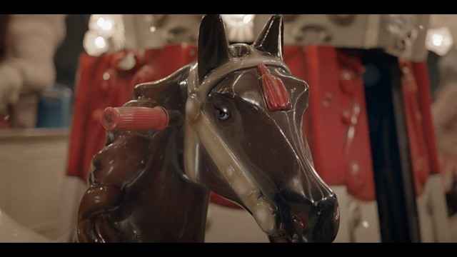 Video Reference: Horse, Toy, Horse tack, Working animal, Bridle, Carousel, Liver, Bit, Snout, Recreation