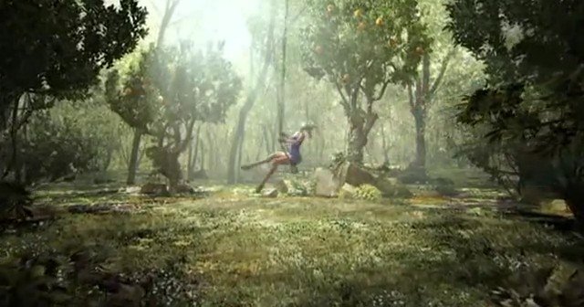 Video Reference: forest, clearing, trees, sunlight, mist, person, motion, outdoor, nature, fantasy, action, landscape