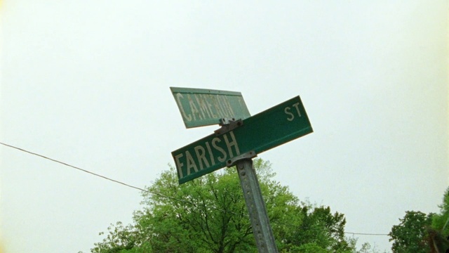 Video Reference: Sky, Tree, Grass, Road, Font, Pole, Street sign, Public utility, Signage, Sign