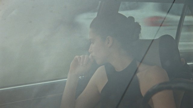 Video Reference: woman, car, interior, profile, windshield, foggy, hazy, travel, driver, passenger, close-up, window, indoor, daylight