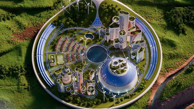 Video Reference: futuristic, eco-city, aerial view, circular city, green architecture, solar panels, wind turbines, urban planning, modern buildings, landscape, sustainable design, water feature, smart city, concept art, utopian, architecture