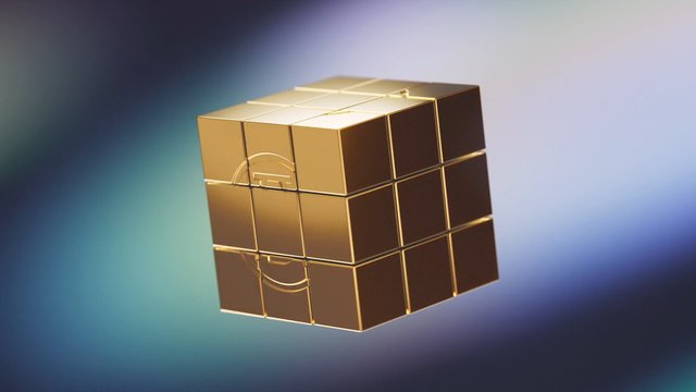 Video Reference: gold cube, abstract, 3d render, floating object, geometric, metallic, gradient background, minimal, futuristic, shiny, cube, design, animation