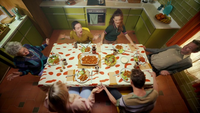 Video Reference: Food, Table, Arm, Tableware, Green, Sharing, Orange, Plate, Cuisine, Dish