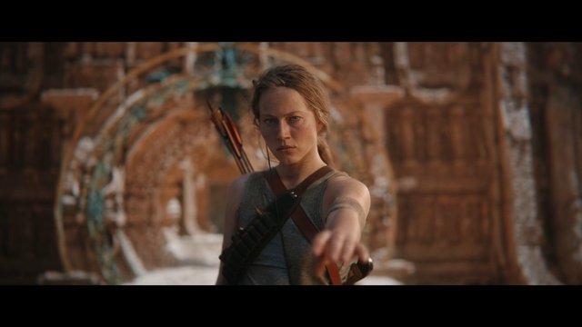 Video Reference: woman, archer, bow, arrow, warrior, ruins, stone corridor, action, cinematic, portrait, outdoor, adventure