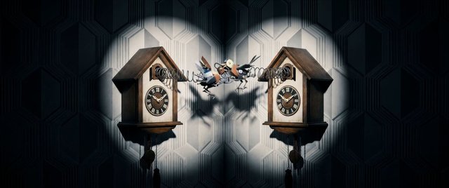Video Reference: cuckoo clock, wall clock, mechanical, birds, springs, paired objects, wall decor, interior, spotlight, shadow, ornate, symmetry, surreal, vintage, timepiece