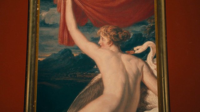 Video Reference: painting, framed art, classical, nude, woman, swan, wall art, portrait, museum, interior, red wall, oil painting, mythological, back view, cloudy sky, mountains
