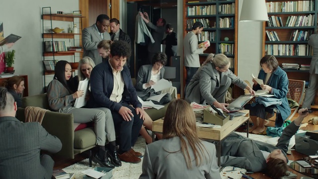 Video Reference: Bookcase, Shelf, Human, Coat, Shelving, Suit, People, Table, Book, Publication