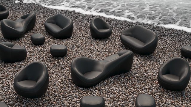 Video Reference: beach, shoreline, pebbles, chairs, lounge chairs, outdoor seating, modern furniture, sea, waves, coastal, minimalist, arrangement, black furniture, relaxation