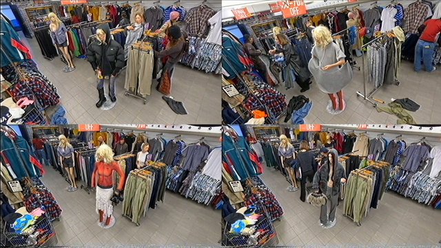 Video Reference: clothing store, retail, shopping, customers, fashion, apparel racks, sale signs, interior, security camera, shoppers, casual wear, mannequins, store aisle, merchandise, indoor
