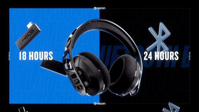 Video Reference: gaming headset, headphones, wireless, battery life, 18 hours, 24 hours, promo graphic, product ad, Nacon, blue background, black background, electronics, audio, gaming gear, Bluetooth, advertisement
