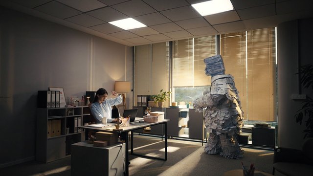 Video Reference: office, woman, desk, laptop, paper sculpture, humanoid figure, indoor, window blinds, sunlight, workplace, surreal, meeting room, documents, furniture, modern office