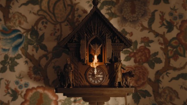 Video Reference: cuckoo clock, wooden clock, wall decor, floral wallpaper, antique, decorative, interior, vintage, timepiece, home decor, ornate, warm lighting