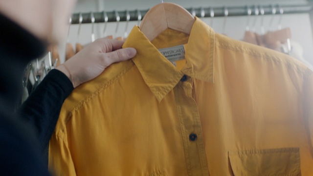 Video Reference: yellow, sleeve, shirt, outerwear, dress shirt, textile, collar, t shirt, jacket, product