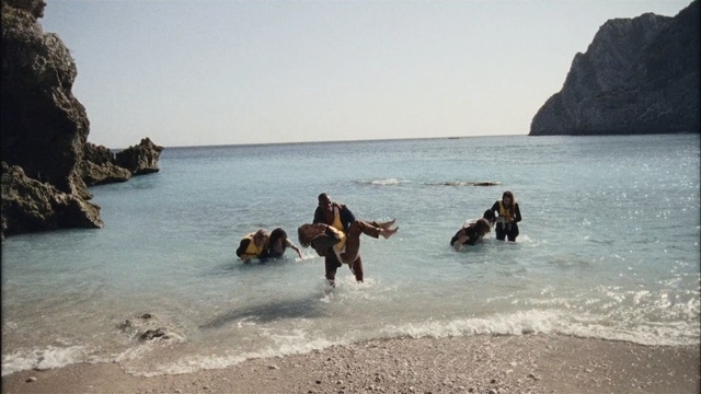 Video Reference: beach, sea, dog, ocean, water, sand, coast, shore, vacation, seaside, cardigan, summer, canine, coastline, sky, domestic animal, landscape, island, tropical, corgi, hunting dog, rock, Person