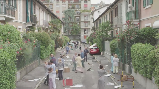 Video Reference: neighbourhood, town, residential area, street, mixed use, city, pedestrian, urban design, tree, lane, Person