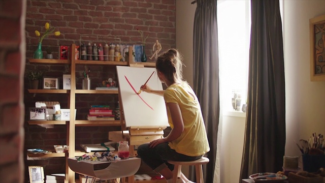 Video Reference: Room, Interior design, Furniture, Desk, Photography, Easel, Table, Bookcase