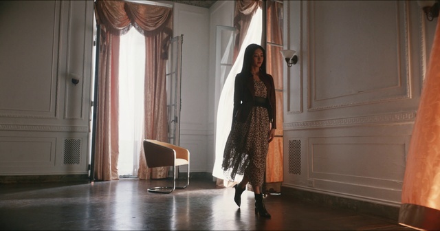 Video Reference: Fashion, Curtain, Dress, Room, Long hair, Interior design, Textile, Floor, Door, Photography, Indoor, Window, Small, Table, Living, Black, Sitting, Kitchen, White, Mirror, Standing, Cat, Wooden, Large, Bedroom, Phone, Refrigerator, Bed, Clothing, Furniture, Person, Woman, Chair, Footwear