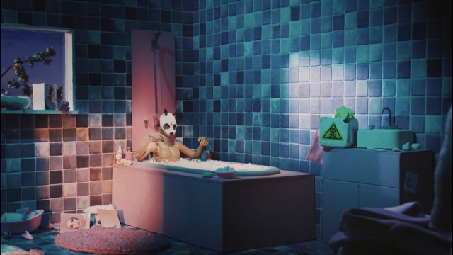 Video Reference: blue, bathroom, room, interior design, wall, tile, flooring, glass, floor, window