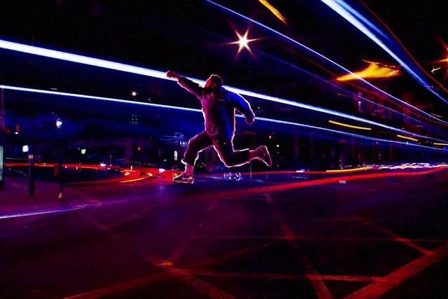 Video Reference: Light, Lighting, Skateboard, Purple, Night, Neon, Skateboarding Equipment, Longboard, Sports equipment, Recreation