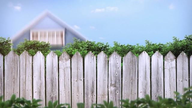 Video Reference: Fence, Picket fence, Home fencing, Wood, Grass, House, Land lot, Outdoor structure, Roof, Sky