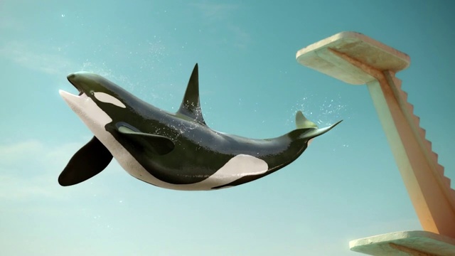 Video Reference: Marine mammal, Cetacea, Dolphin, Fin, Common bottlenose dolphin, Blue whale, Shark, Fish, Animal, Outdoor, Plane, Flying, Large, Airplane, Bird, Table, Water, Air, View, Blue, Mirror, Jet, Propeller, Clear, White, Sky, Aquarium, Whale