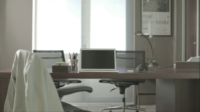 Video Reference: Furniture, Desk, Room, Office, Interior design, Office chair, Property, Computer desk, Building, Chair