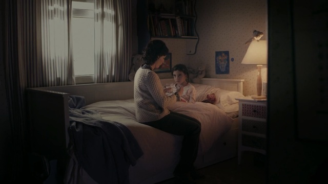 Video Reference: room, girl, darkness, window, furniture, bed, Person