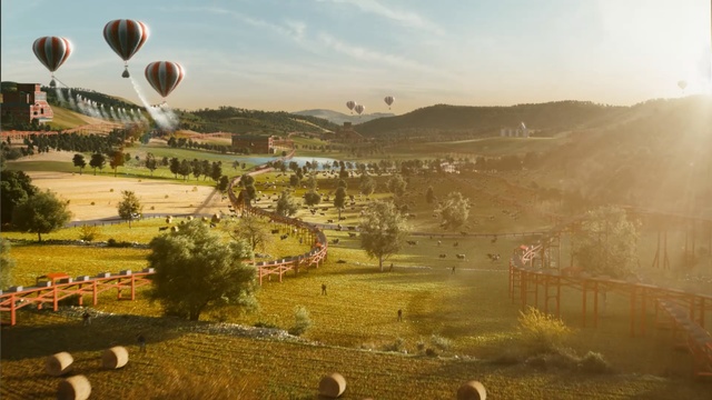 Video Reference: hot air balloon, hot air ballooning, sky, field, morning, rural area, landscape, vehicle, tourism, aerial photography