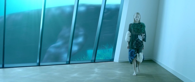 Video Reference: blue, light, glass, wall, door, floor, interior design, window, transparency and translucency, flooring, Person