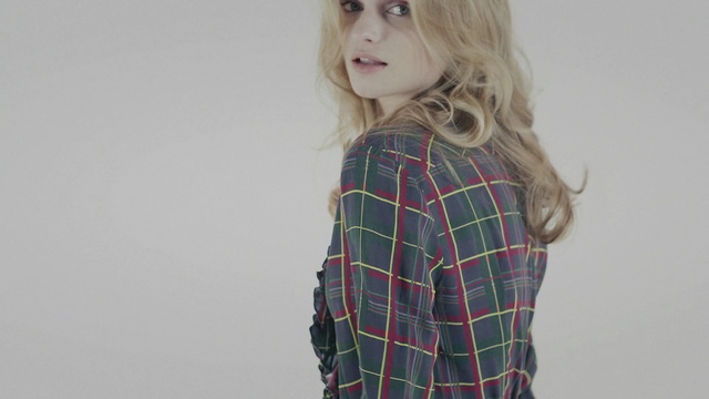 Video Reference: tartan, fabric, portrait, pretty, attractive, model, hair, person, fashion, adult, lady, face, cute