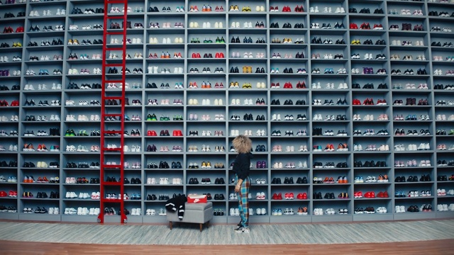 Video Reference: Shelf, Shelving, Collection, Footwear, Wall, Furniture, Shoe, Technology, Building, Sitting, Front, Filled, Full, Library, Parked, Large, Lot, Bus, Red, Computer, Parking, Street, Group, Standing, Text