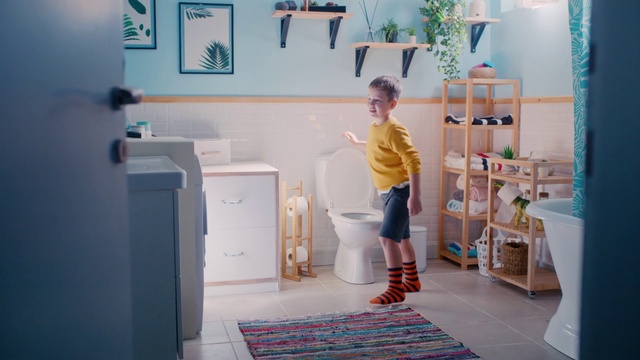 Video Reference: Room, Child, Yellow, Standing, Toddler, Floor, Interior design, Flooring, House, Photography