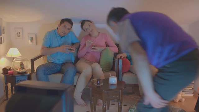 Video Reference: blue, mammal, room, fun, girl, leg, sitting, human body, mouth, furniture