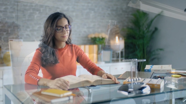 Video Reference: cuisine, cook, cooking, design, food, service, girl, glasses, furniture, table, Person