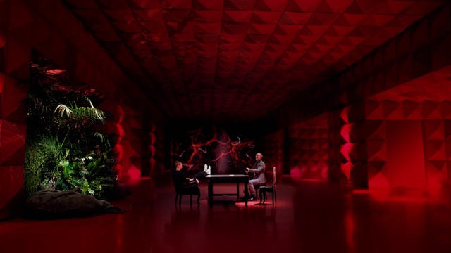 Video Reference: Red, Lighting, Room, Sky, Interior design, Stage, Architecture, Building, Photography, Plant