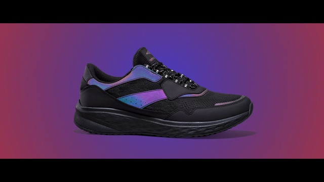 Video Reference: Shoe, Footwear, Outdoor shoe, Sneakers, Black, Violet, Purple, Walking shoe, Product, Basketball shoe