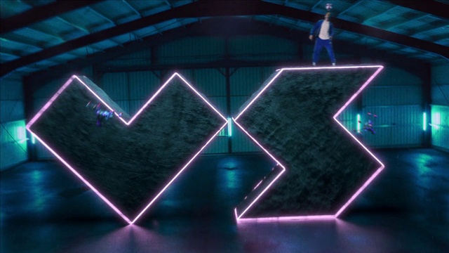 Video Reference: Purple, Font, Architecture, Electronic signage, Symmetry, Neon, Triangle, Pattern, Art, Electric blue