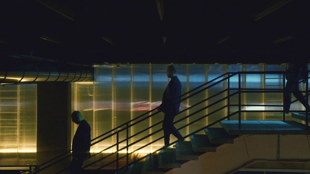 Video Reference: Sky, City, Tints and shades, Stairs, Glass, Symmetry, Space, Reflection, Darkness, Handrail