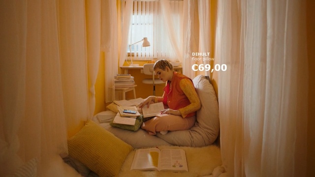 Video Reference: Curtain, Room, Yellow, Property, Interior design, Comfort, Window treatment, Textile, Furniture, Bed