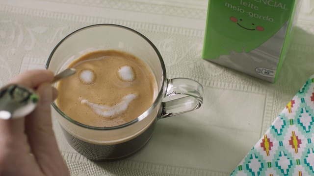 Video Reference: Cortado, Drink, Cup, Coffee milk, Caffè macchiato, Latte, Café au lait, Food, Coffee, Caffeine, Person