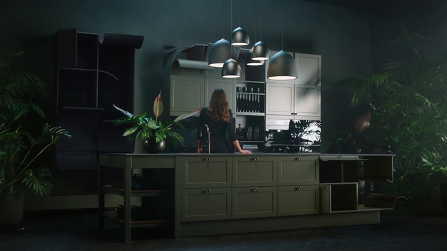 Video Reference: Green, Room, Furniture, House, Architecture, Night, Interior design, Table, Plant, Building