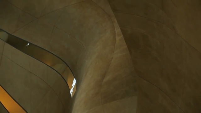 Video Reference: Light, Architecture, Yellow, Ceiling, Line, Beige, Arch, Space, Tints and shades, Stairs