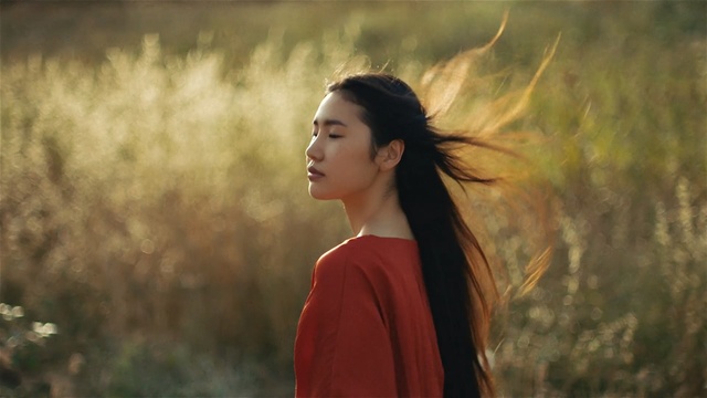 Video Reference: nature, beauty, girl, lady, photography, sunlight, grass, tree, long hair, black hair, Person